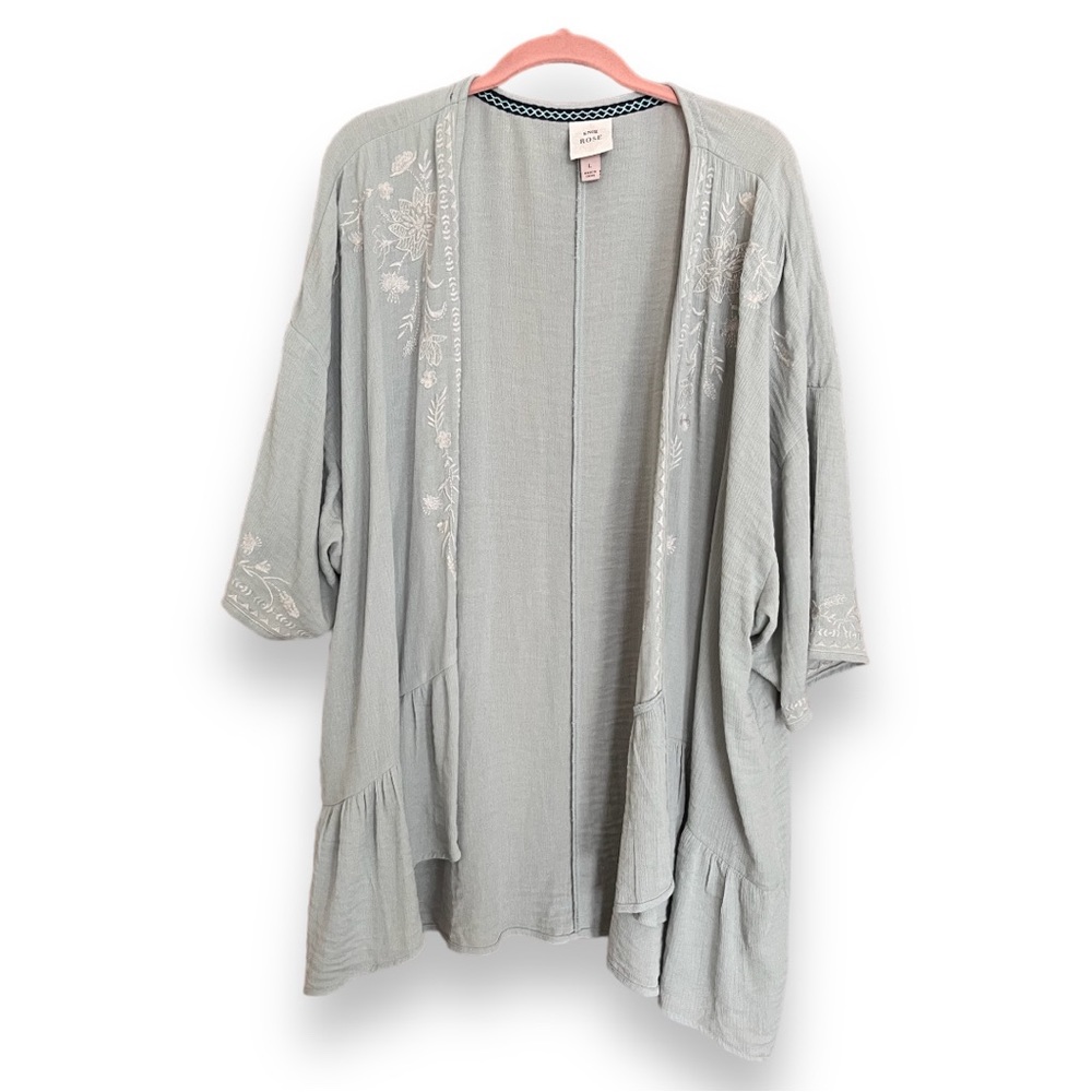 Knox Rose Open Front Embroidered Kimono Topper Boho Beach Coverup Sage Green